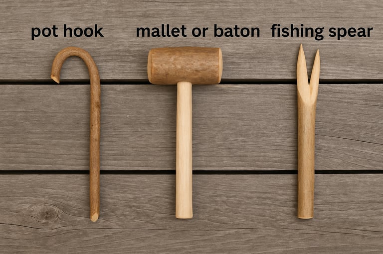 Hand-carved wooden pot hook Mallet baton and fishing spear for primitive wilderness tools