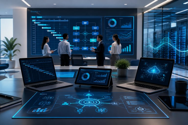 Business team analyzing data on futuristic digital screens in a high-tech network operations center.