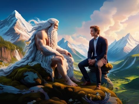 Thần núi ngồi trò chuyện với anh chàng