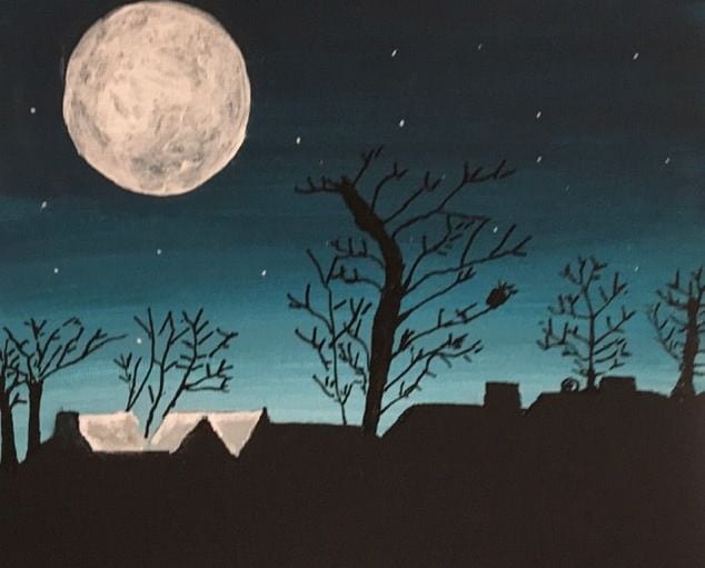 Peinture nocturne inspirante, avec une lune brillante au-dessus d'un horizon calme