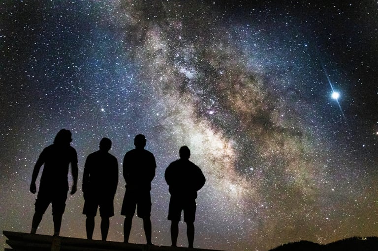 four people standing looking at the stars