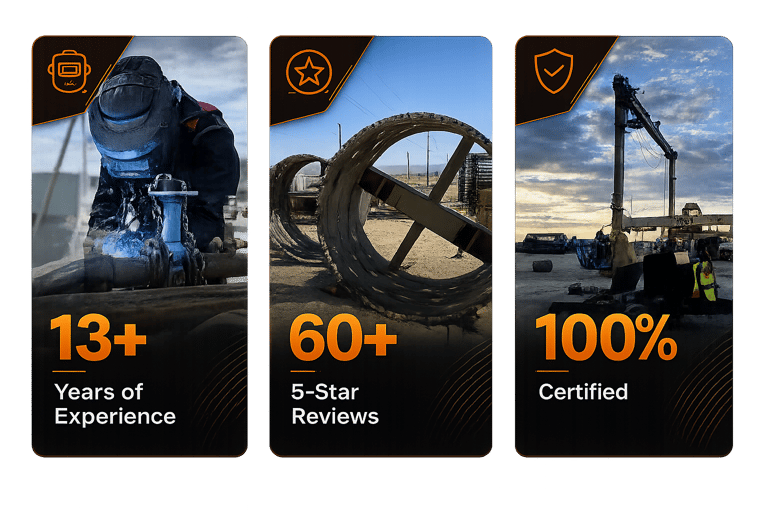 Industrial welding and certified construction services with 13 years of experience and 5-star reviews.