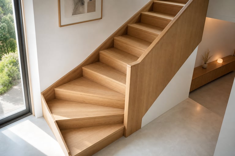 Rénovation d’escalier avec habillage bois clair et finitions nettes.