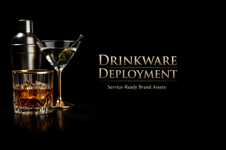 Drinkware deployment example showing branded bar glassware used inside hospitality venues