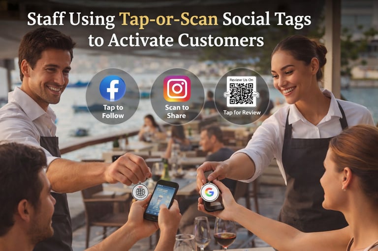 staff showing tap or scan social tags to customers at table