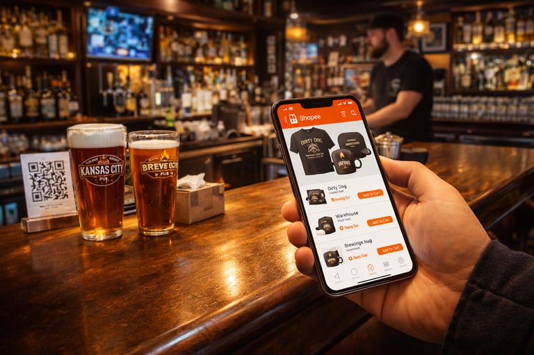 Customer holding phone at bar showing drink selection and ordering concept