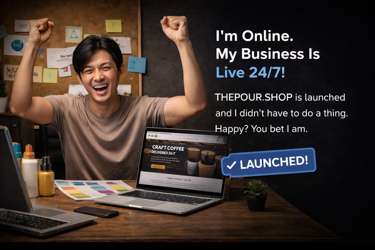 person celebrating business website live on laptop showing online launch success