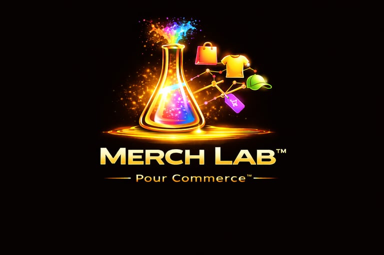 Merch Lab™ Pour Commerce logo with glowing flask producing branded merchandise