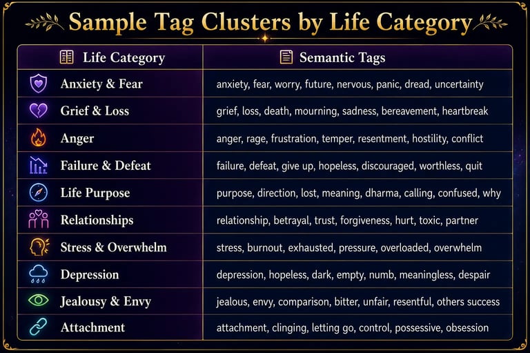 Chart showing sample tag clusters for life categories like anxiety, grief, and relationships with semantic keywords.
