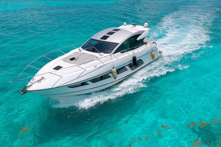 60FT Sunseeker yacht rental in Miami cruising on the water with luxury design and ocean views