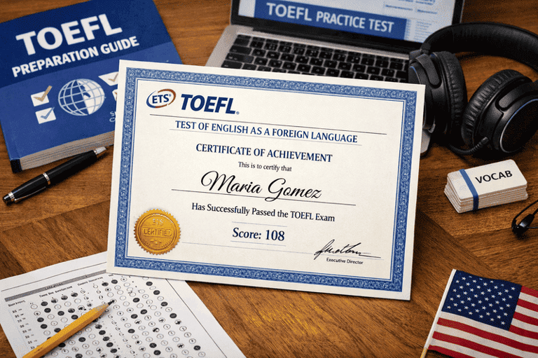 Certificado de logro del TOEFL que muestra una puntuación aprobatoria de 108 sobre un escritorio.