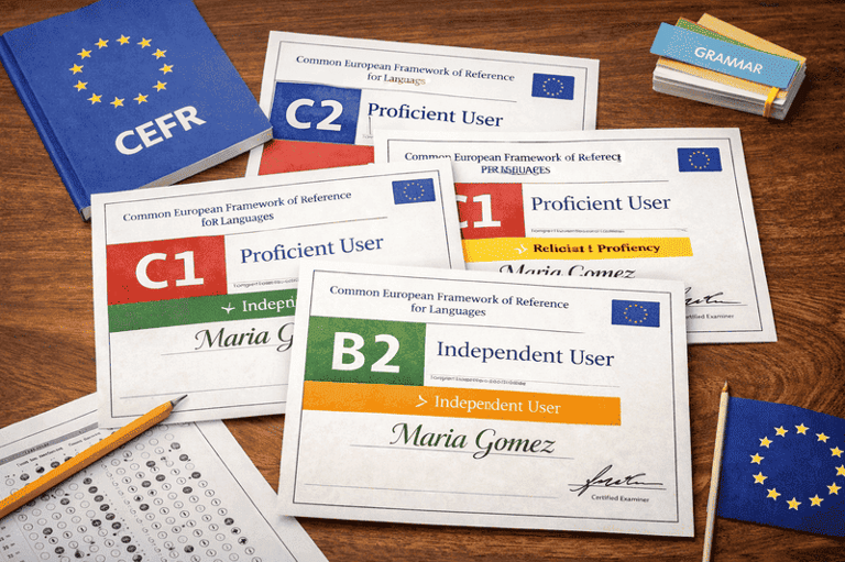 Certificados de competencia lingüística para los niveles B2, C1 y C2 sobre un escritorio.
