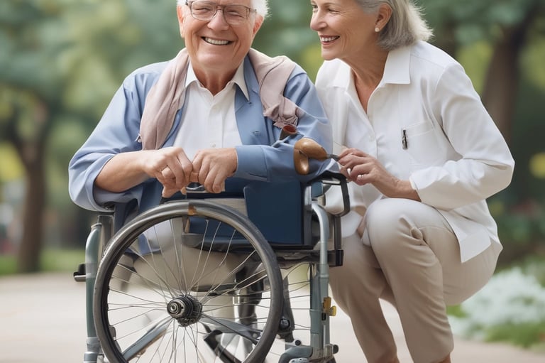 a man and woman in wheelchairs in a park