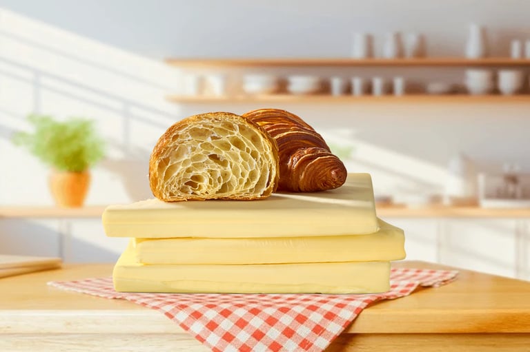 Freshly baked butter croissant slices stacked on slabs of vegetable butter in a bright kitchen.