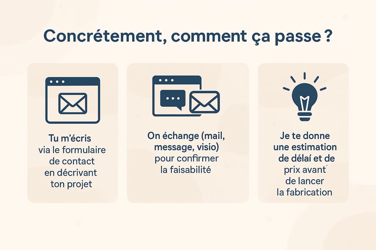 Étapes pour demander un projet 3D personnalisé pour jeu de société : formulaire, échange et estimat