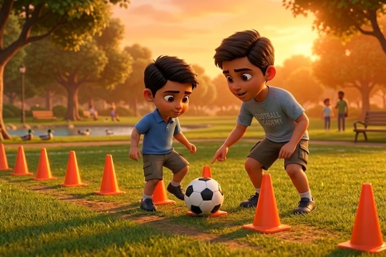 Two animated boys practicing soccer drills with a ball and orange cones at sunset in a park.