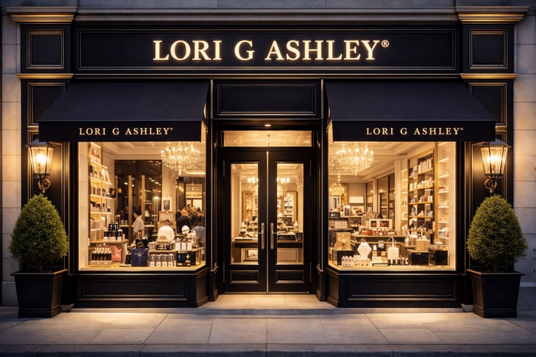 Elegant Lori G Ashley luxury boutique storefront featuring black awnings and warm interior lighting.