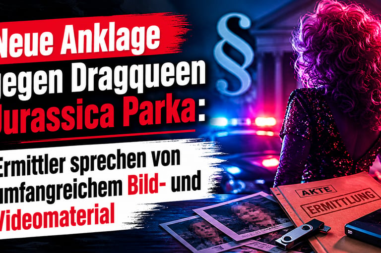 A news graphic about an indictment against drag queen Jurassica Parka with a paragraph symbol and evidence files.