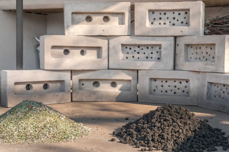 crushed glass and upcycled plastic aggregates in front of end product bricks