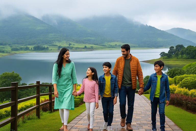 Happy family at a hill viewpoint or walking along landscaped gardens at Railway Dam, Igatpuri.