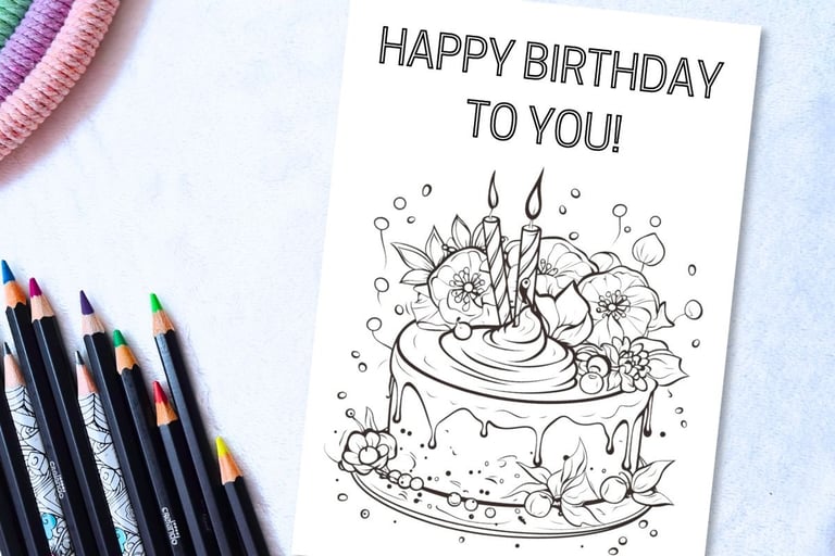 Printable Coloring Birthday Card with a Cake