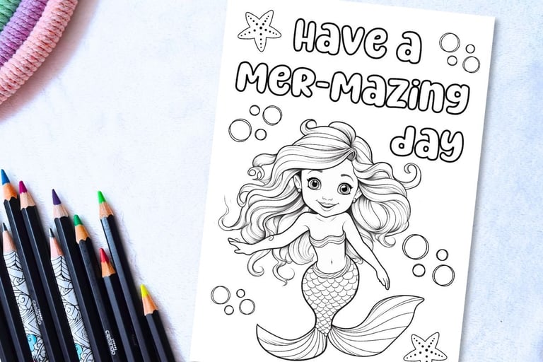 Printable coloring happy birthday card for a girl with a mermaid