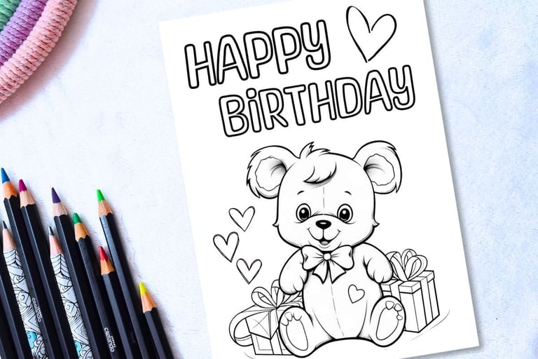 Digital Printable Coloring Happy Birthday Card with a Teddy Bear