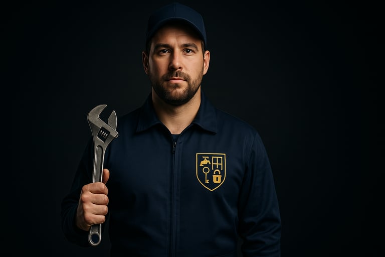 a man in a blue uniform holding a wrenet