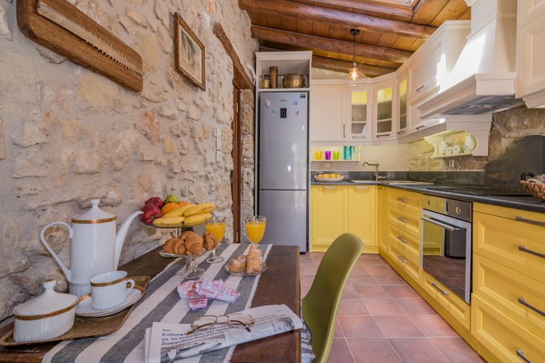 Fully equipped bright colors kitchen in Villa Galanoussa