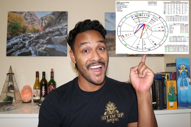 Wil in astrology reading room with astrology chart in corner