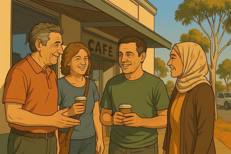 Italian-Australian friends chatting outside Robinvale café in bright morning light, coffee cups, gum trees and blue sky.