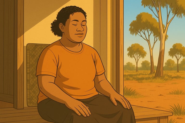 Tongan woman sitting calmly on veranda in Robinvale, eyes closed, relaxed in warm morning light among gum trees.