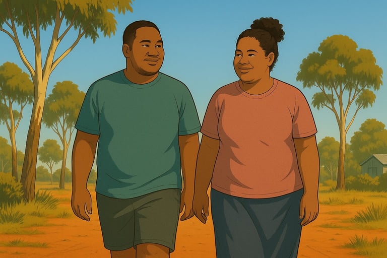 Tongan couple walking in Robinvale bushland, calm smiles, morning light, gum trees and red soil around them.