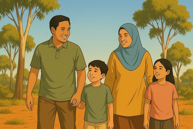 Malay family walking on a sunny Robinvale track, relaxed smiles, gum trees and red soil in bright morning light.