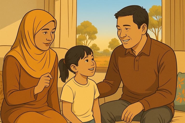 Malay parents praising their daughter in a bright Robinvale home, warm morning light, gum trees and red soil visible through 