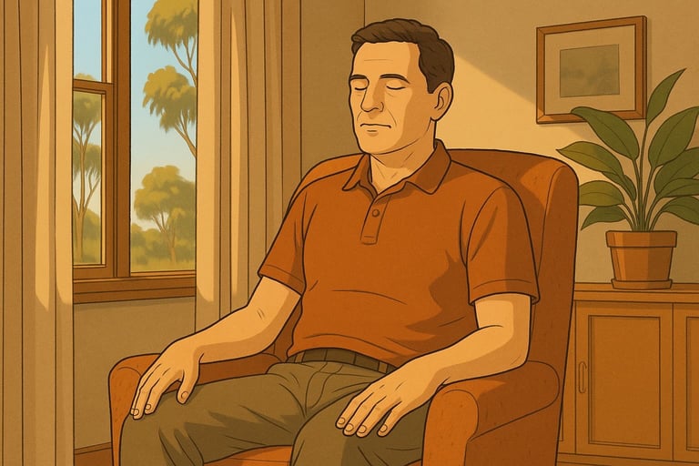 Italian-Australian adult sitting in a chair indoors practising PMR, warm light, gum trees outside, calm relaxed posture.