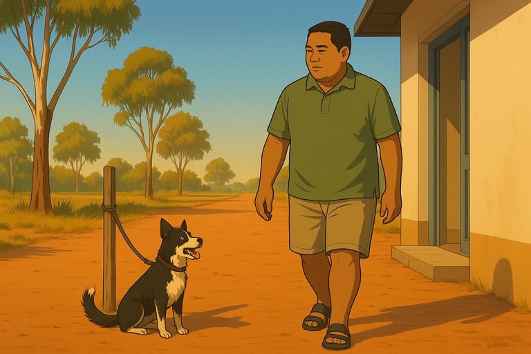 Tongan man calmly walking past a tethered dog in bright Robinvale morning light, relaxed posture and steady confidence.