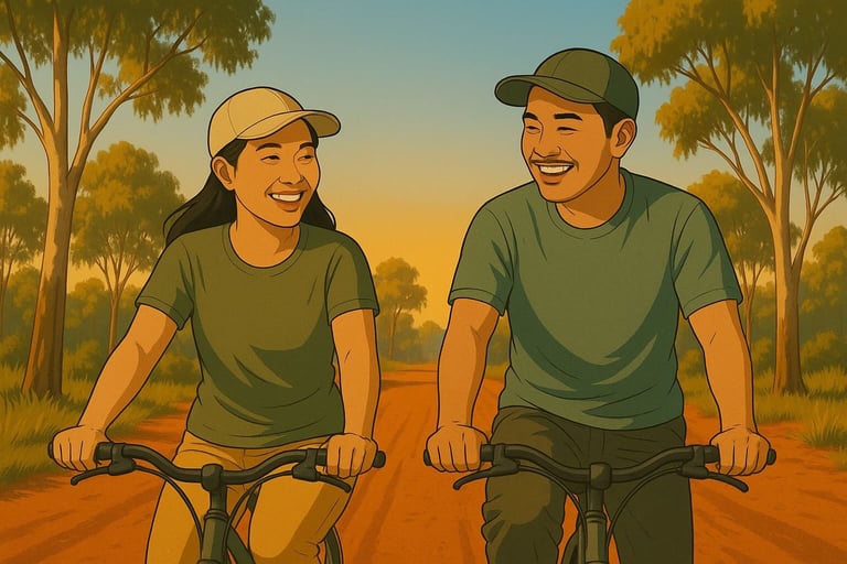 Smiling Vietnamese couple cycling on a dusty Mallee track under warm morning light, gum trees behind them.
