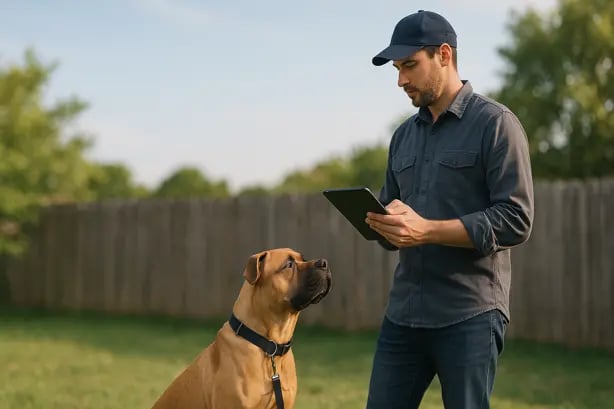 Perito evaluando la conducta de un perro en el patio trasero de su casa