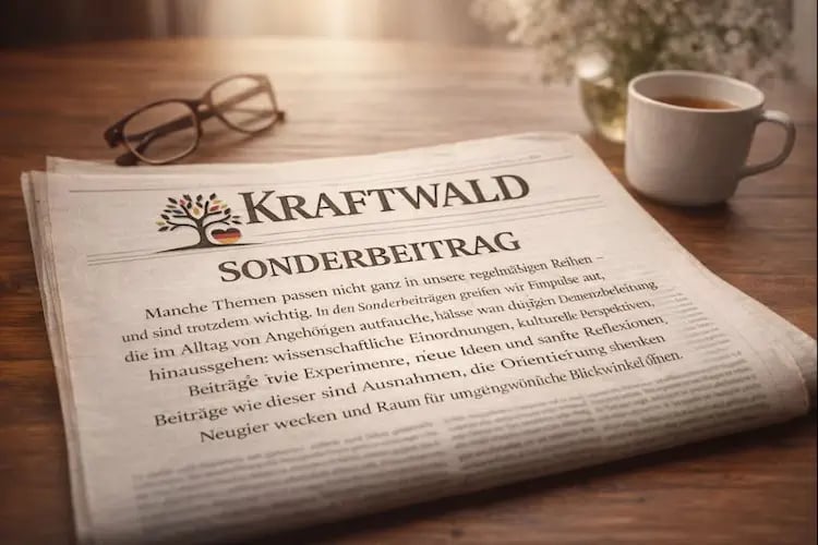 Bild einer KraftWald Zeitung mit dem Titel „Sonderbeitrag“, und Tasse Tee für Angehörige von Menschen mit Demenz