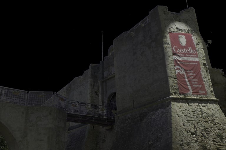 Nuvola di punti ottenuta da un rilievo 3D laser scanner di un castello, mostrando dettagli architettonici