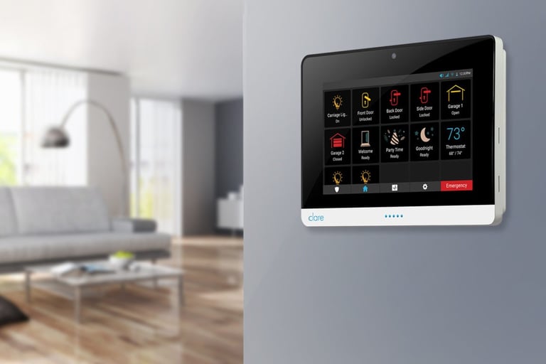 Clare One home automation touch screen controlling thermostat, lighting, and doors
