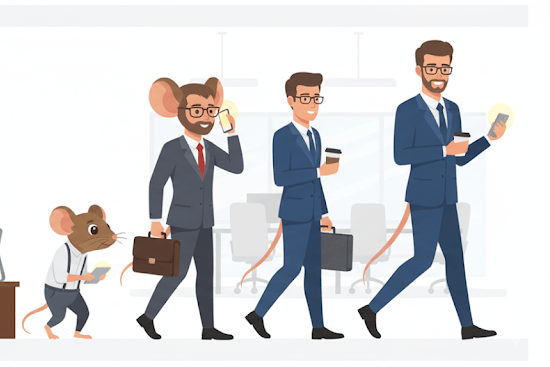 Evolución de ratón a ser humano en traje, crítica visual al progreso y la comodidad moderna. Relato 