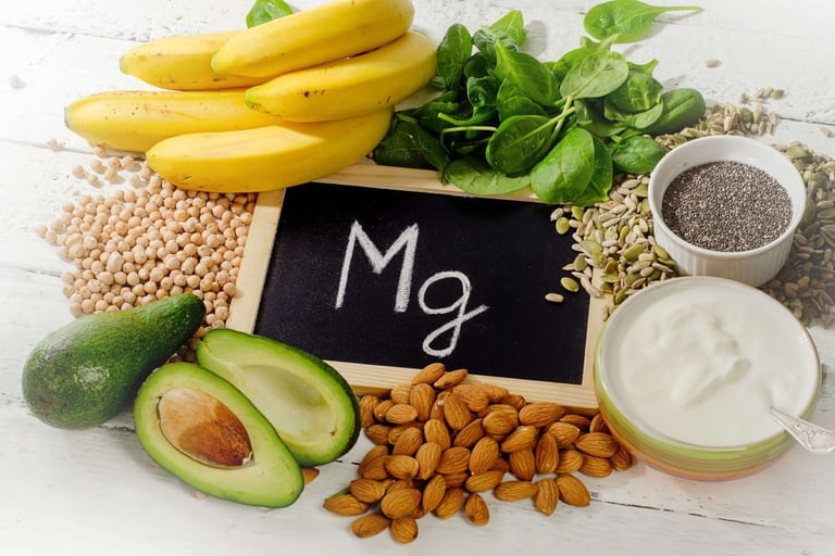 Magnesium-rich foods like leafy greens, nuts, and seeds, showcasing the health benefits of magnesium