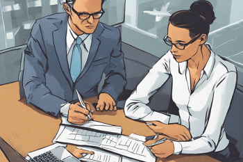 Un homme et une femme assis à une table échangent sur une proposition de valeur