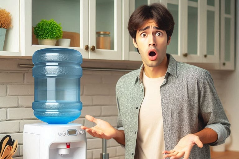 Joven en una cocina junto a un bidon de agua