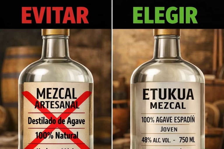 Diseño comparativo: Lado izquierdo muestra una etiqueta de mezcal confusa con una "X" roja. Lado der