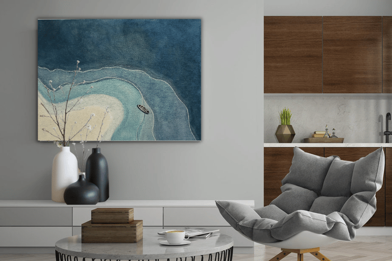 Minimalist Painting of top view of ocean with a still boat.