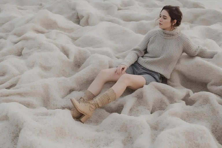 a woman sitting on a pile of white furnishes