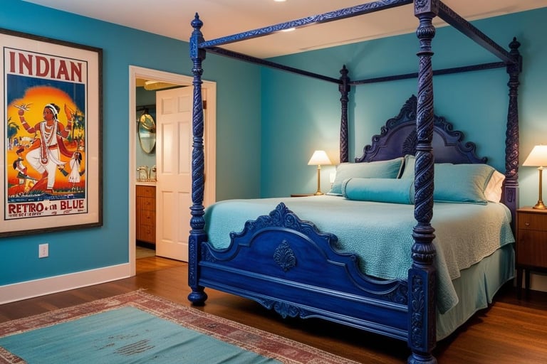 a bed with a blue bedding and a poster on the wall